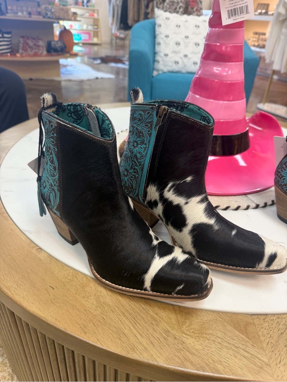 Myra Bag Black & White Cowhide Ankle Booties with Teal Floral Trim